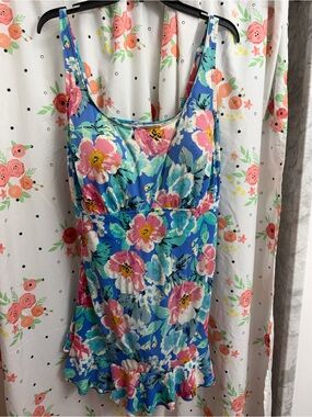 Upstream 20W Floral Blue One-Piece Swimdress - Pink & Aqua Bloom